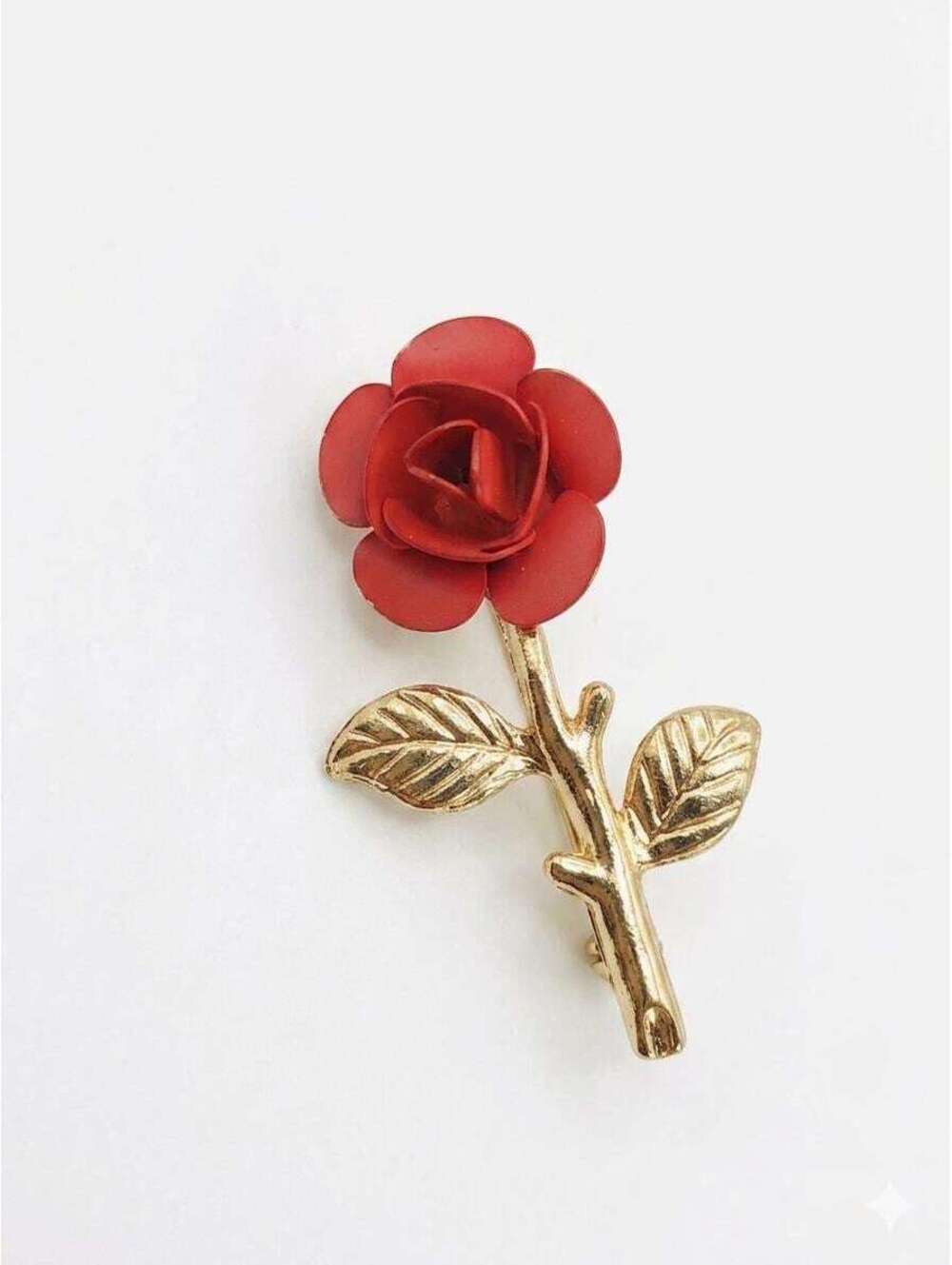 Red Rose Enamel Brooch, Vintage Gold Stem Flower Lapel Pin Jewelry Gift for Her